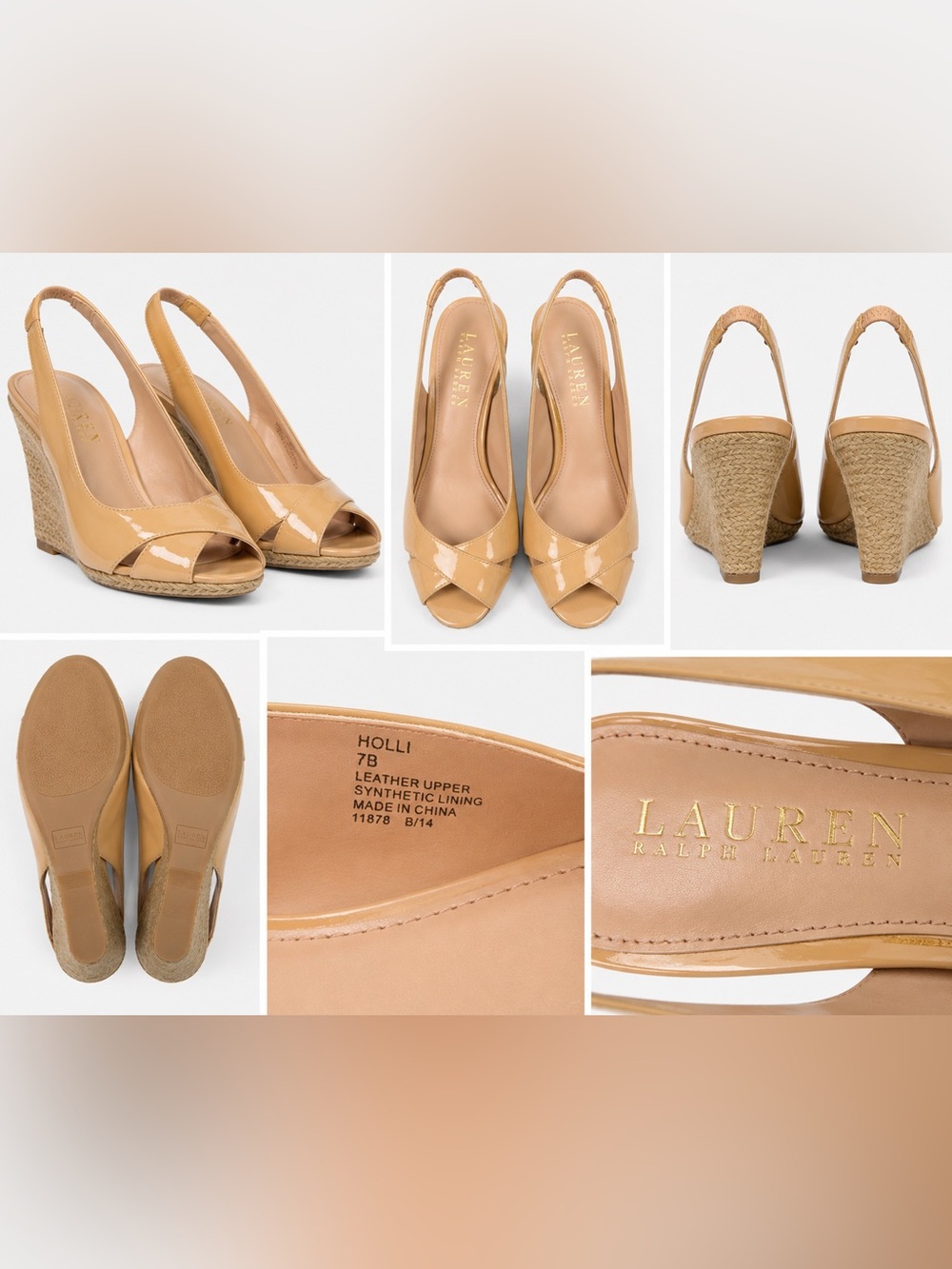 Lauren Ralph Lauren Beige Patent Peep-Toe Wedge Slingback